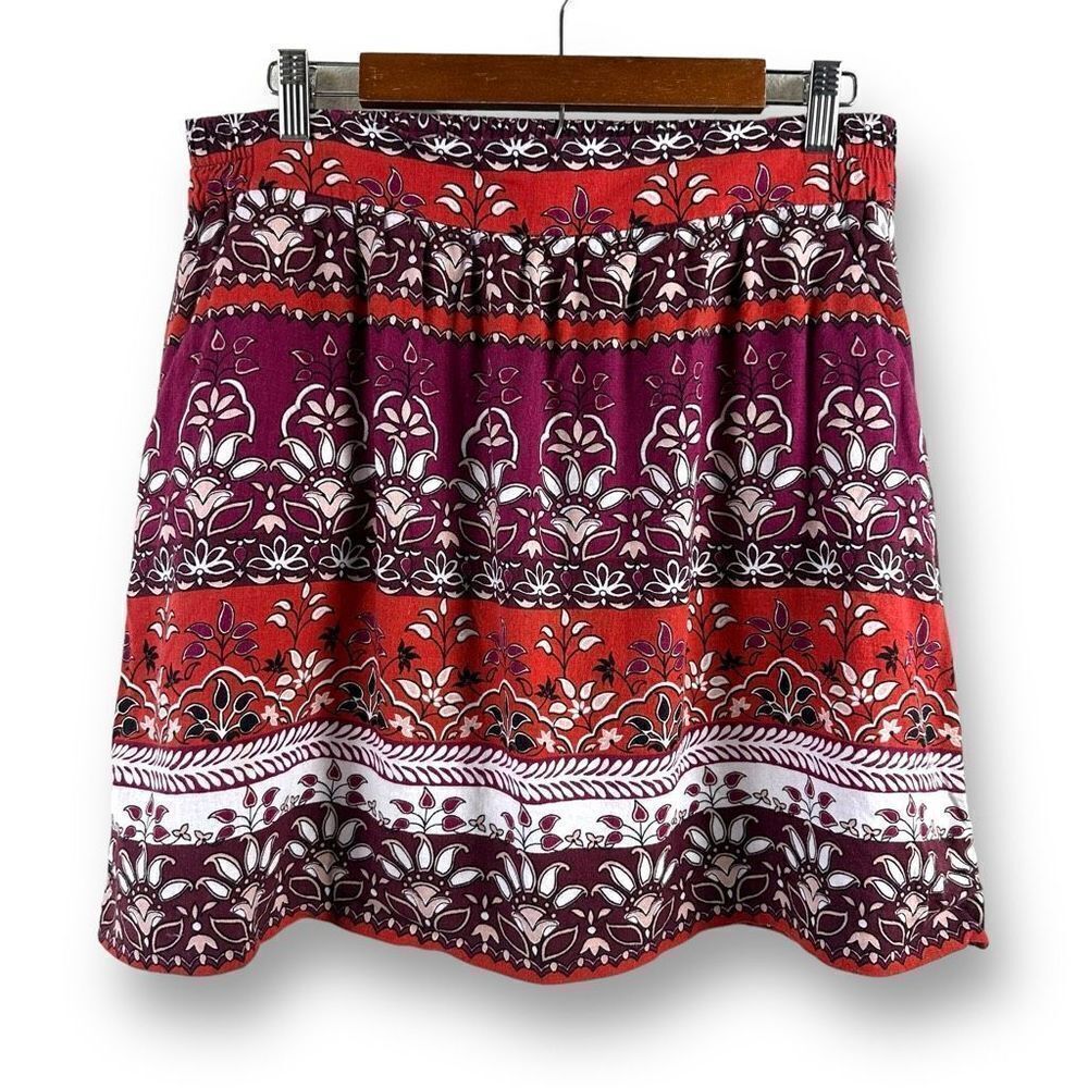 Loft Women's M Pull On Mini Skirt Red Maroon Boho Paisley Floral Print Pockets